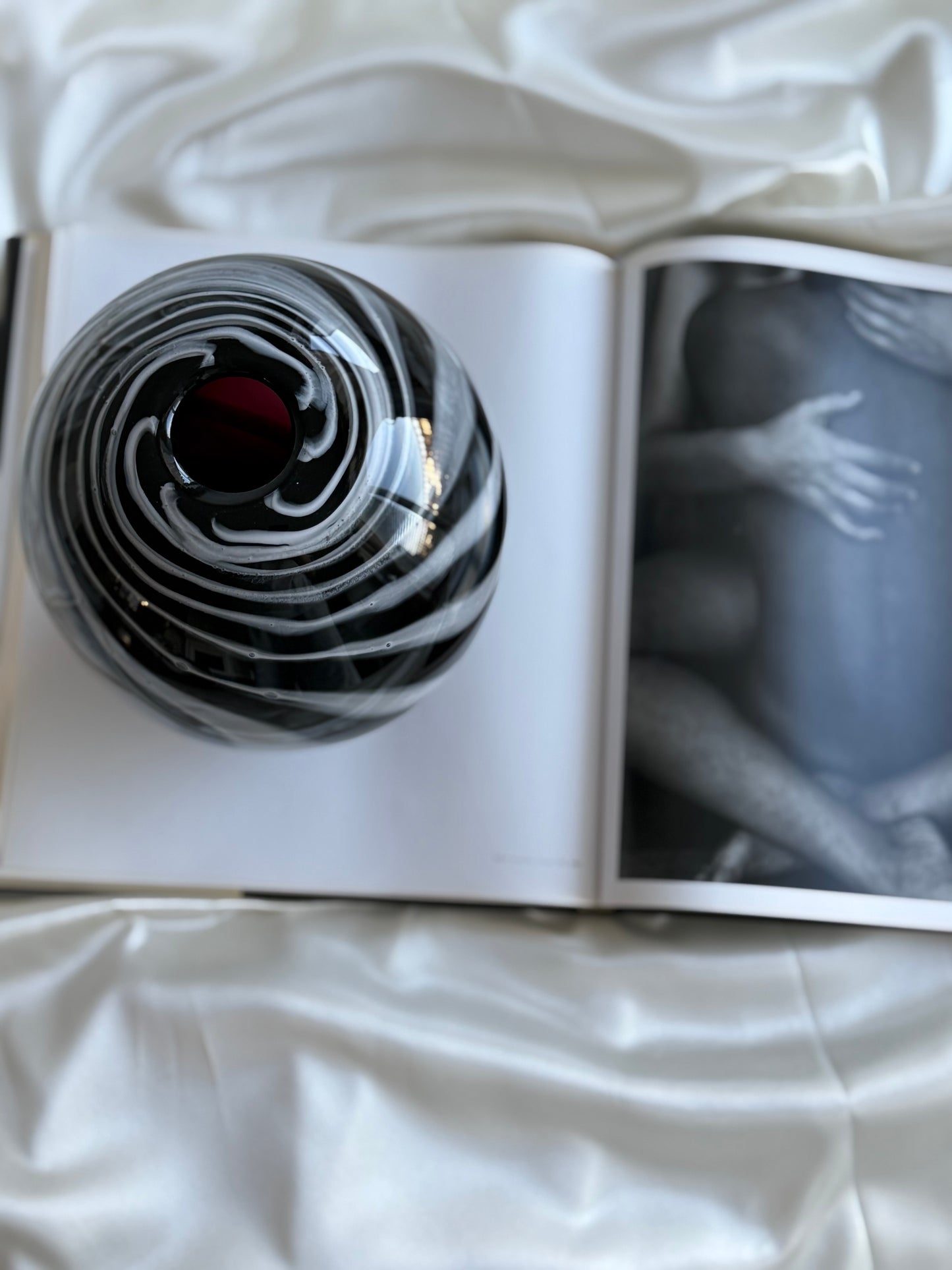 Vintage Hand-Blown Black & White Swirl Glass Vase