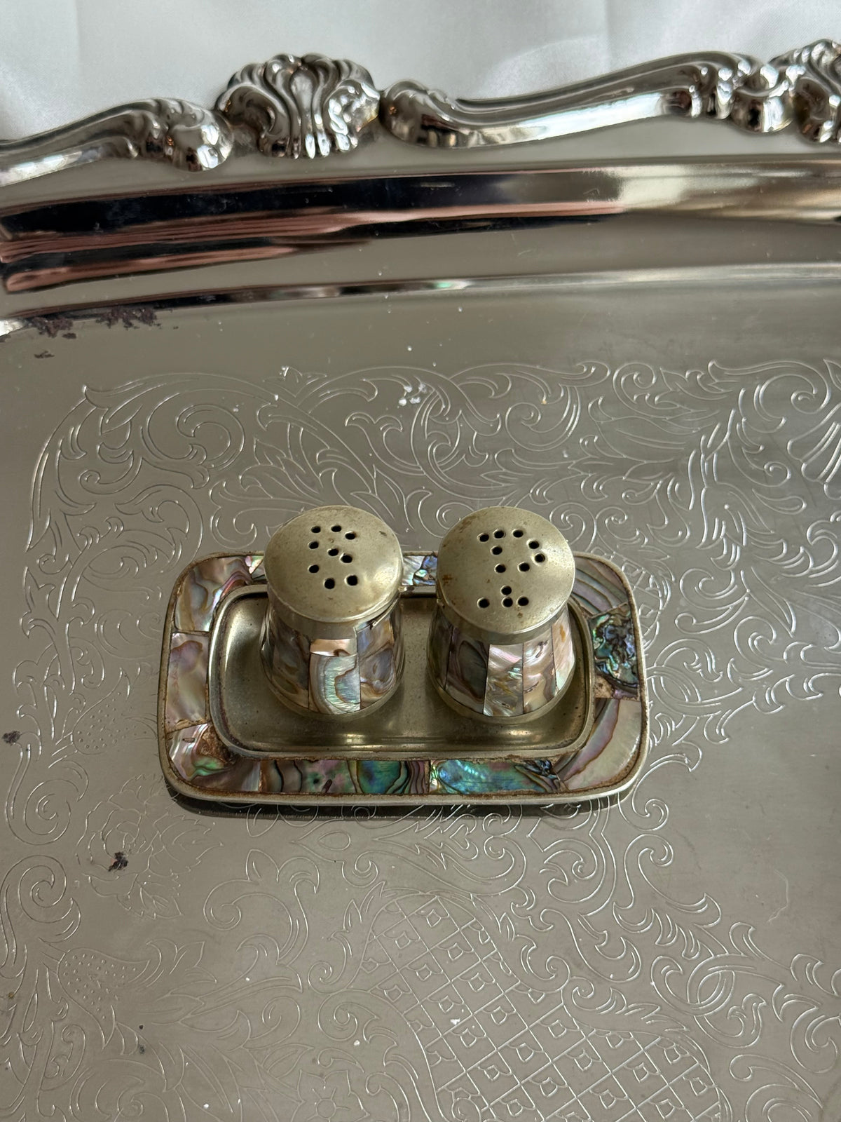Vintage Abalone Shell Salt & Pepper Shakers with Matching Tray