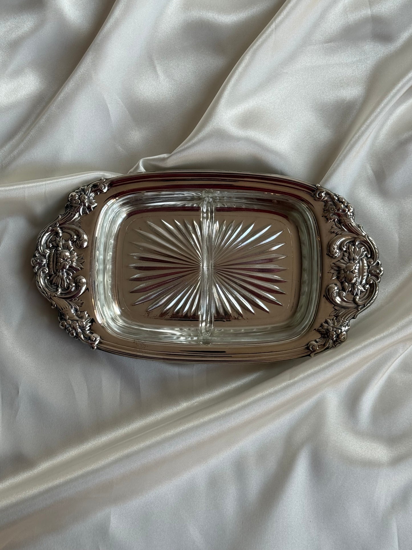 Vintage Silver-Plated Tray with Divided Glass Insert