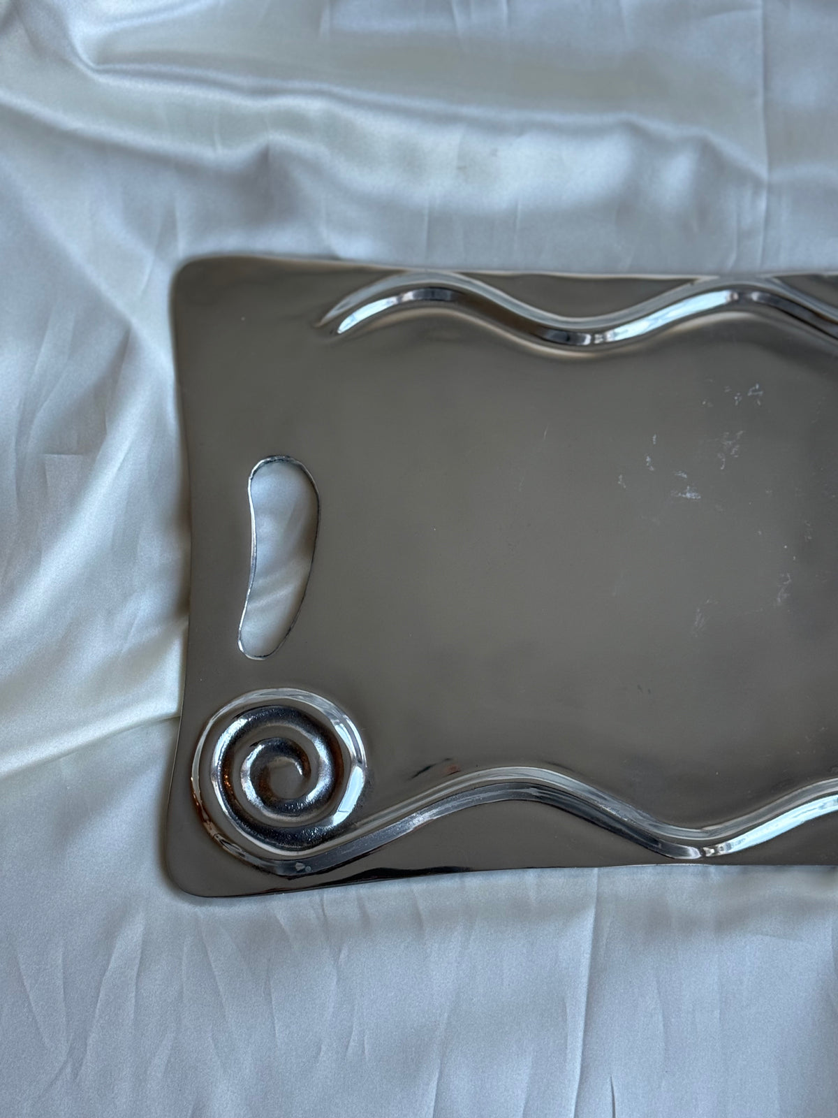 Vintage Sculptural Pewter Serving Tray – Modernist Wave & Spiral Design