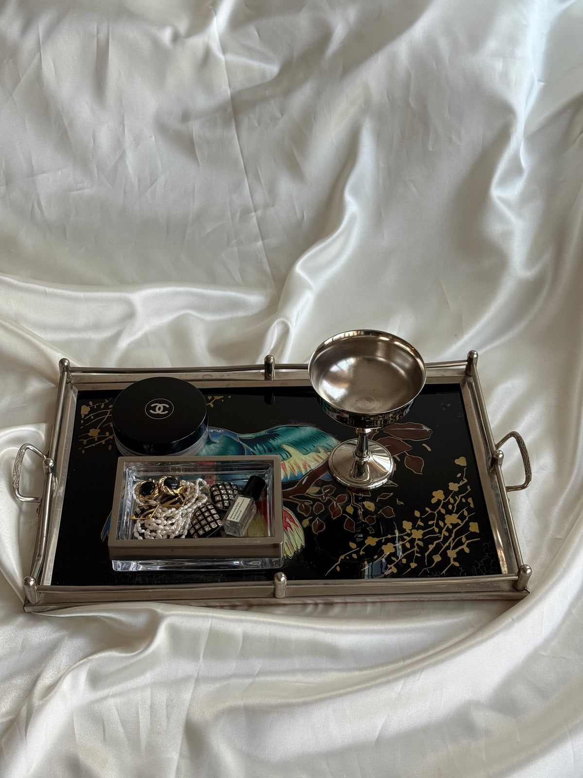 Vintage Reverse Painted Glass Serving Tray with Parrot Design