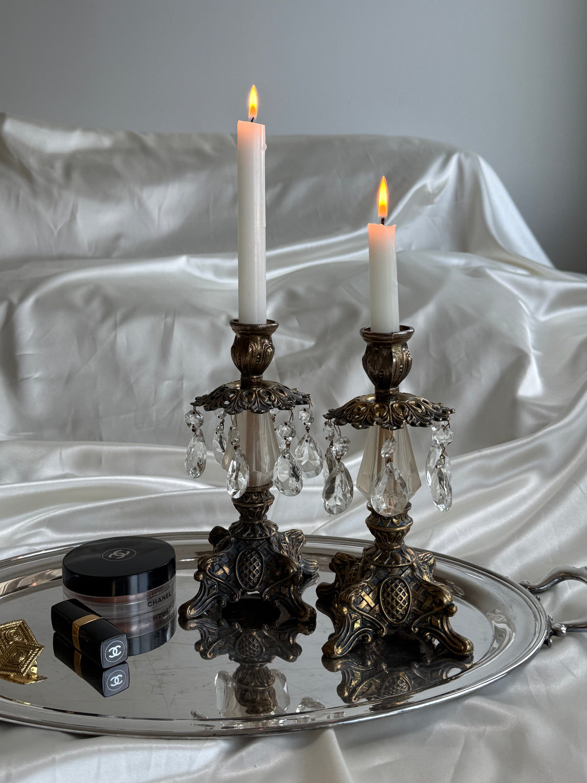 Vintage Hollywood Regency Crystal Prism Candlesticks – Pair