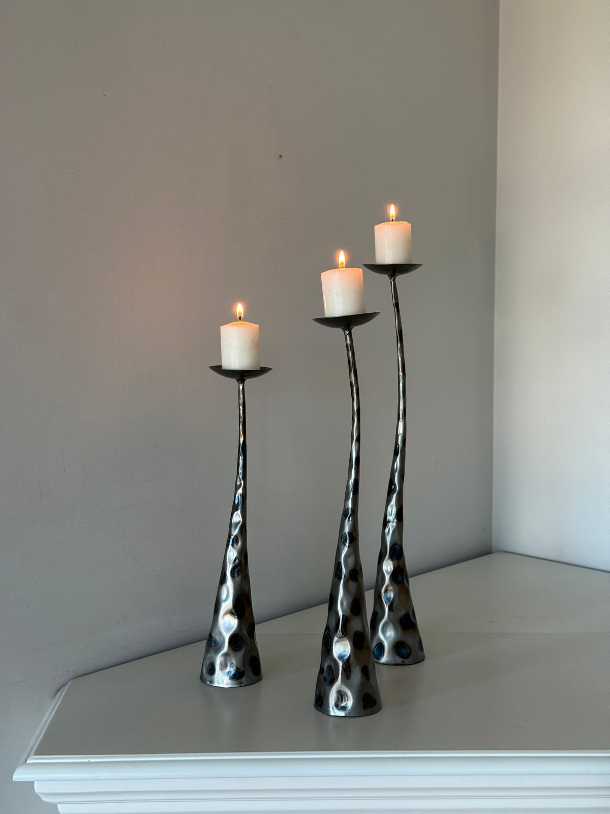 Vintage Brutalist Style Sculptural Metal Pillar Candle Holders – Set of Three