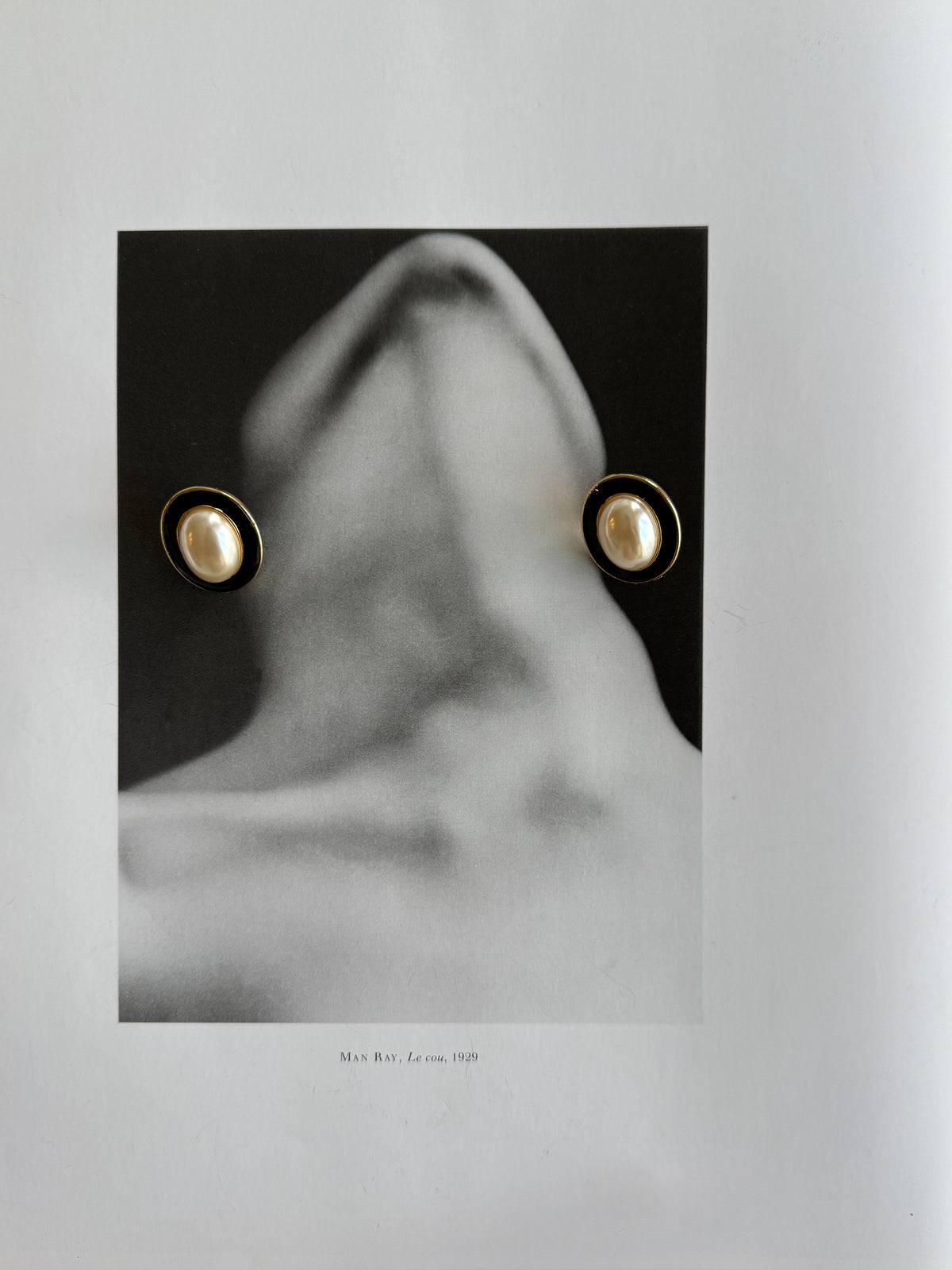 Vintage Faux Pearl & Black Enamel Oval Stud Earrings