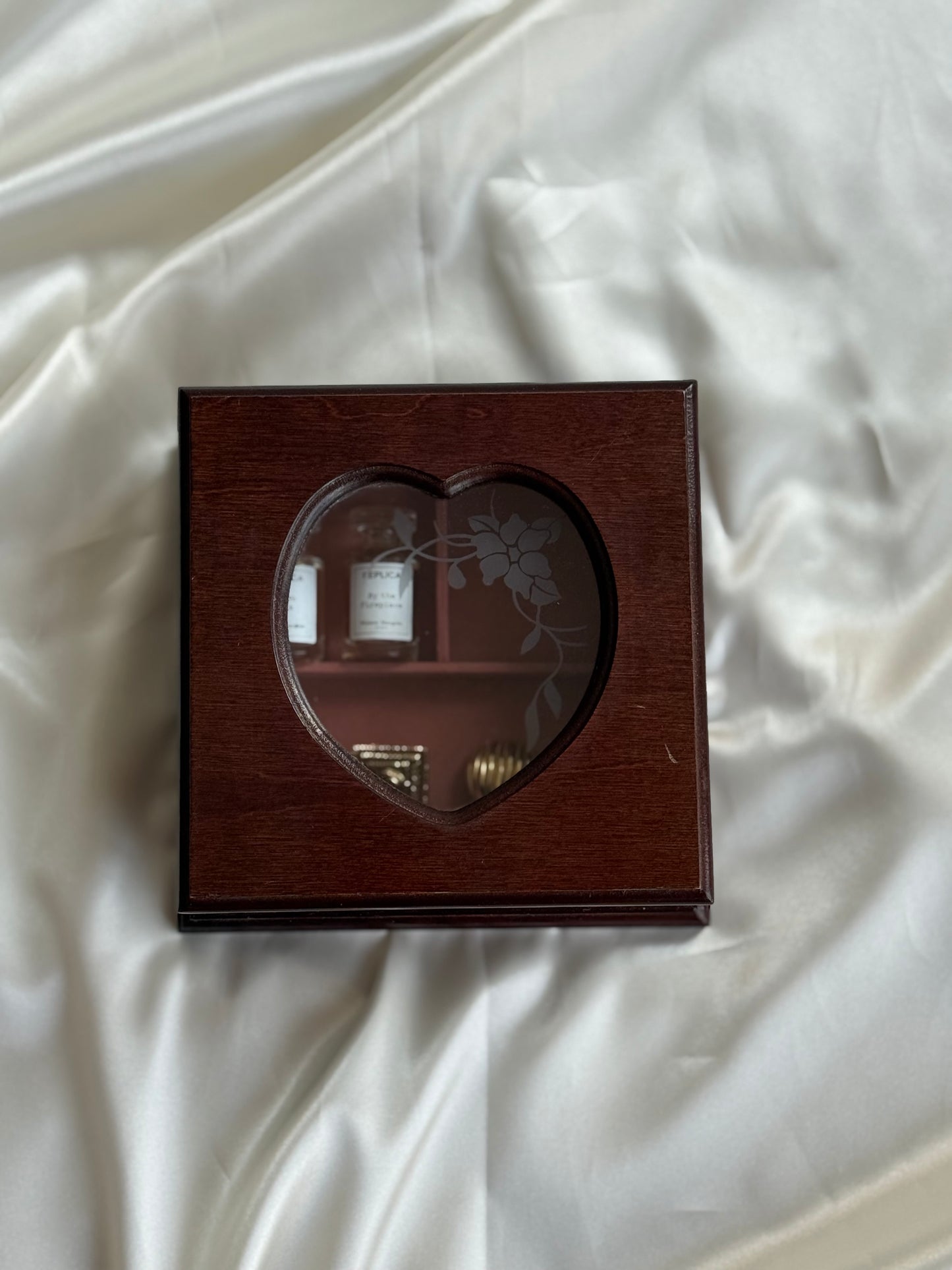 Vintage Wooden Jewelry Box with Heart glass