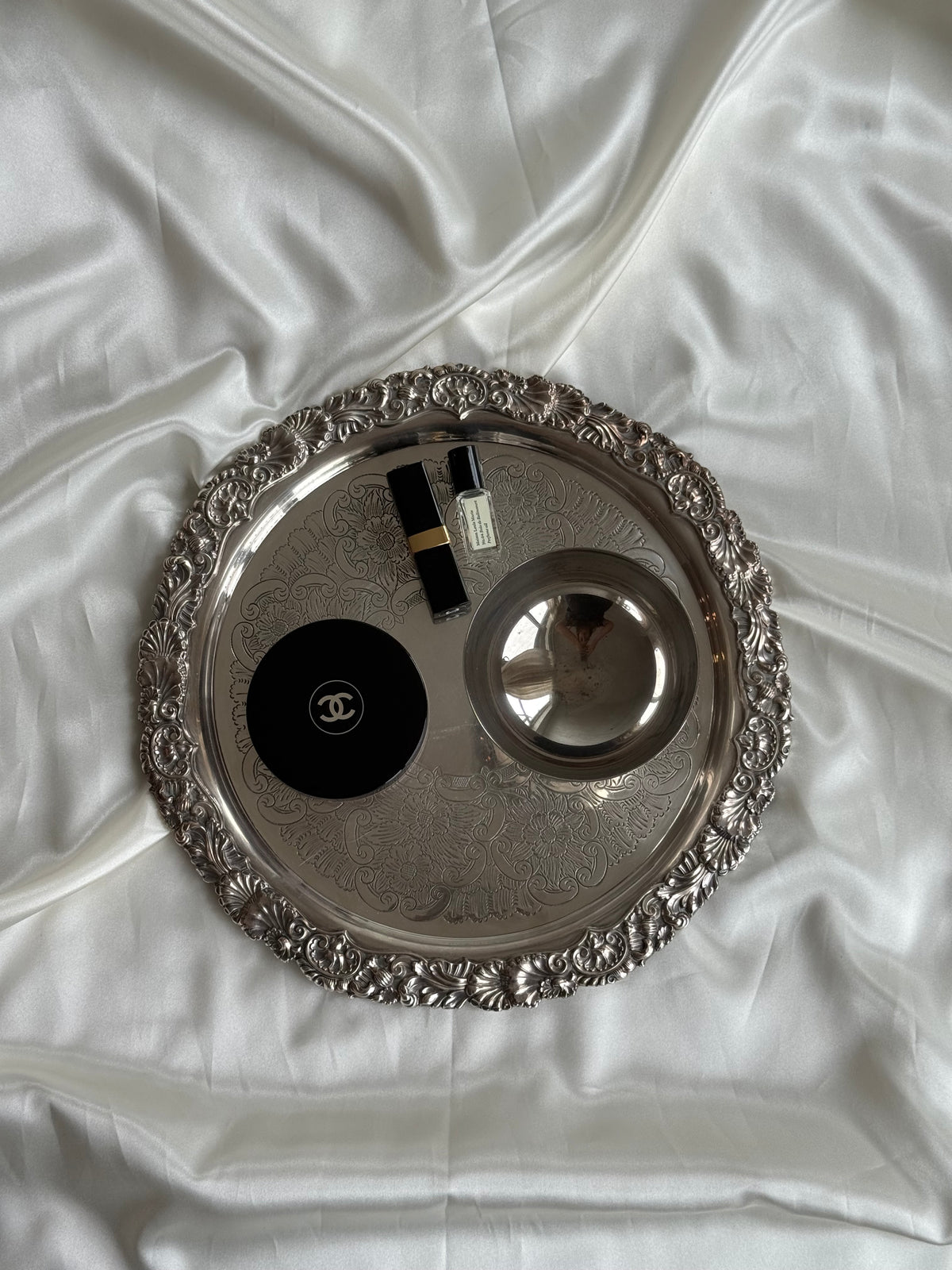 Vintage Ornate Silver-Plated Round Serving Tray | Floral Engraving