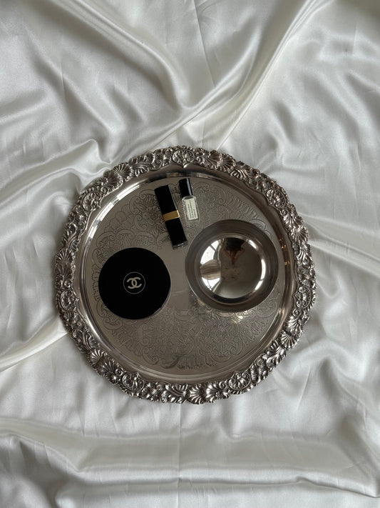 Vintage Ornate Silver-Plated Round Serving Tray | Floral Engraving