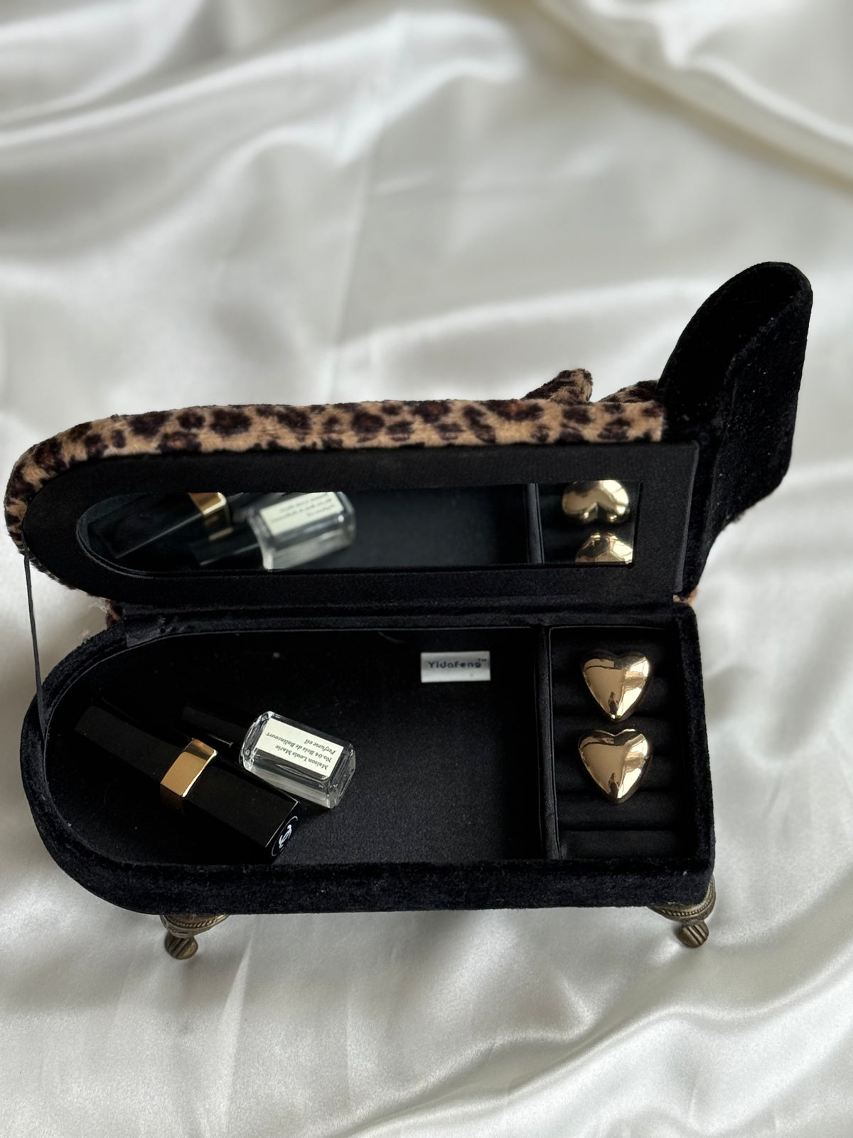 Vintage Leopard Print Chaise Lounge Jewelry Box with Mirror