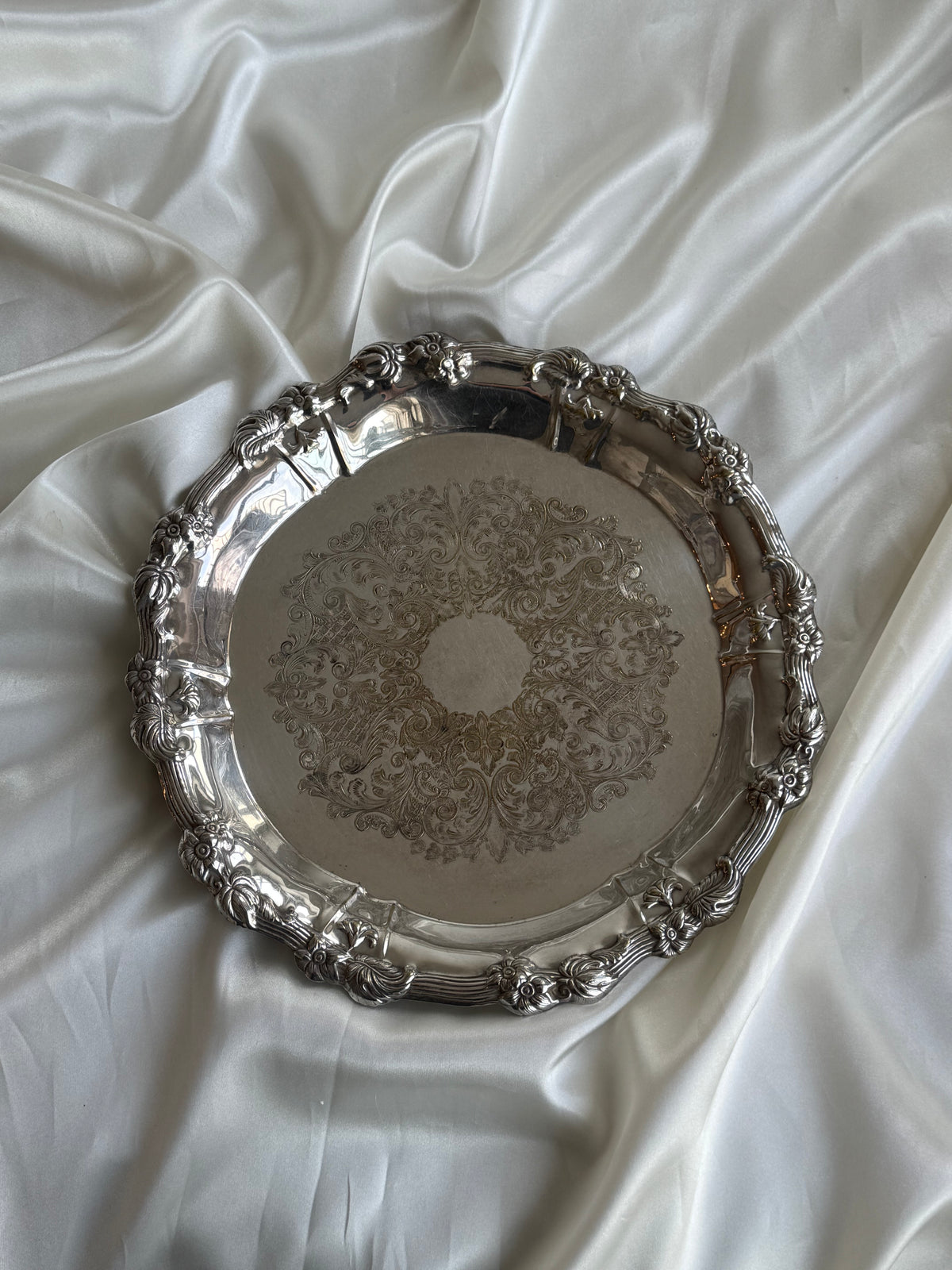 Vintage Ornate Silver Plated Round Serving Tray