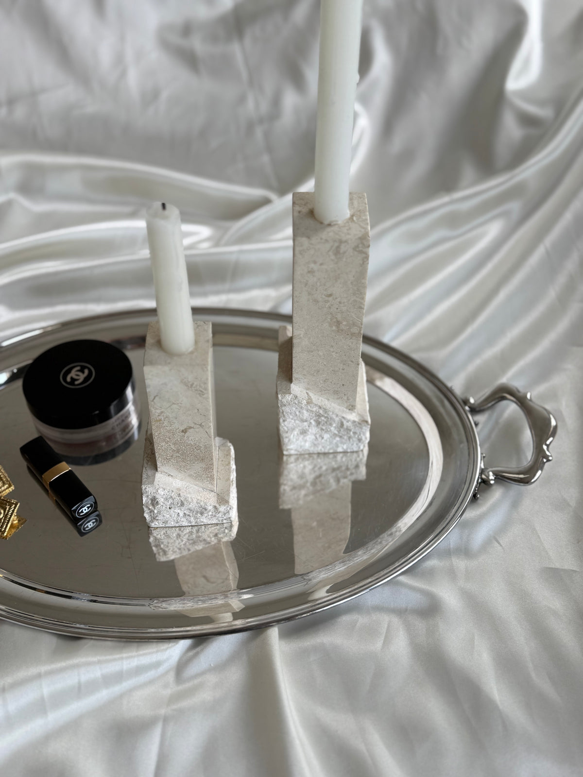 Vintage Renoir Designs Sculptural Travertine Candle Holders – Set of 2