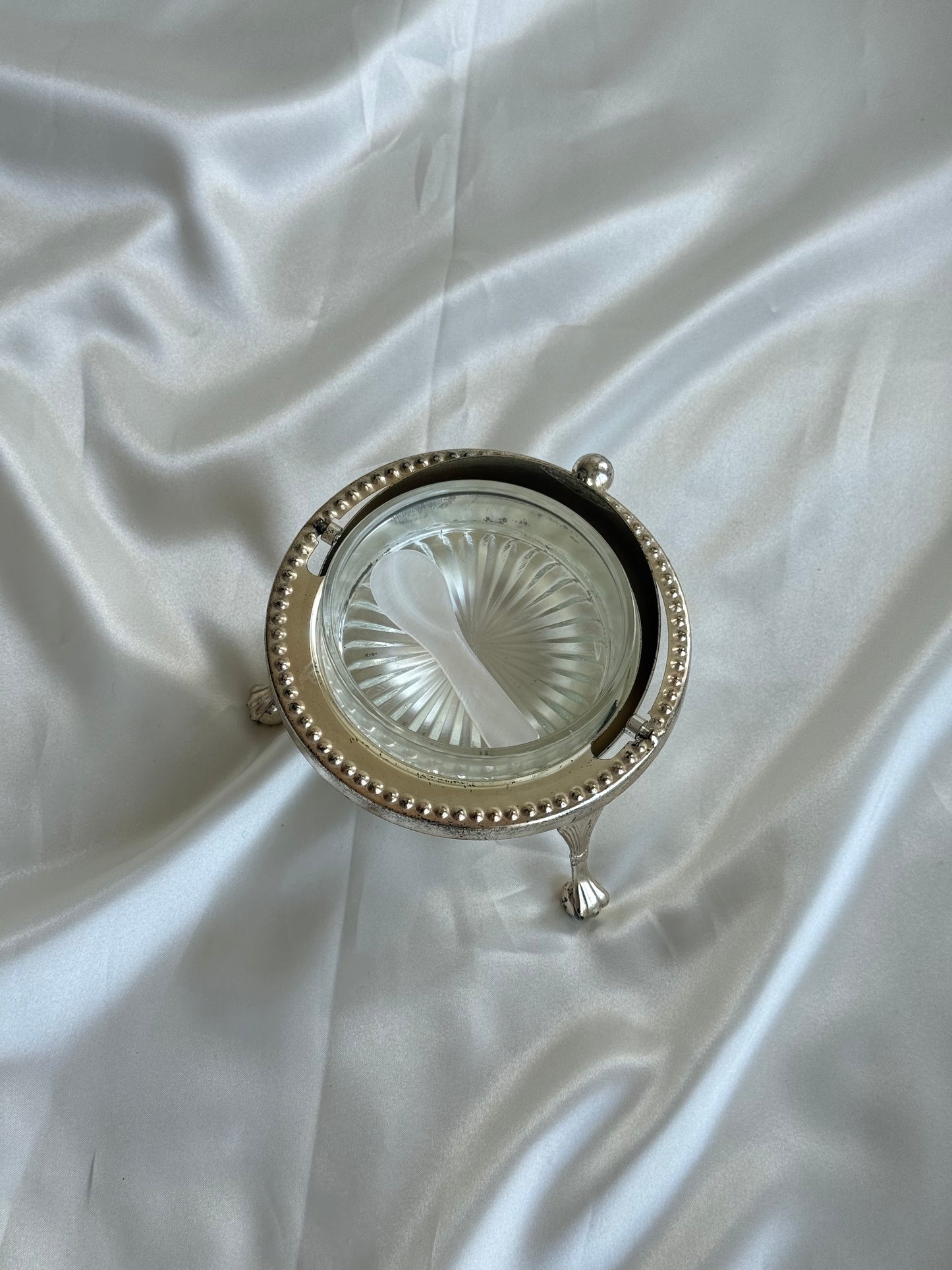 Vintage English Silver Plated Caviar Server with Frosted Glass Insert & Mother of Pearl Spoon