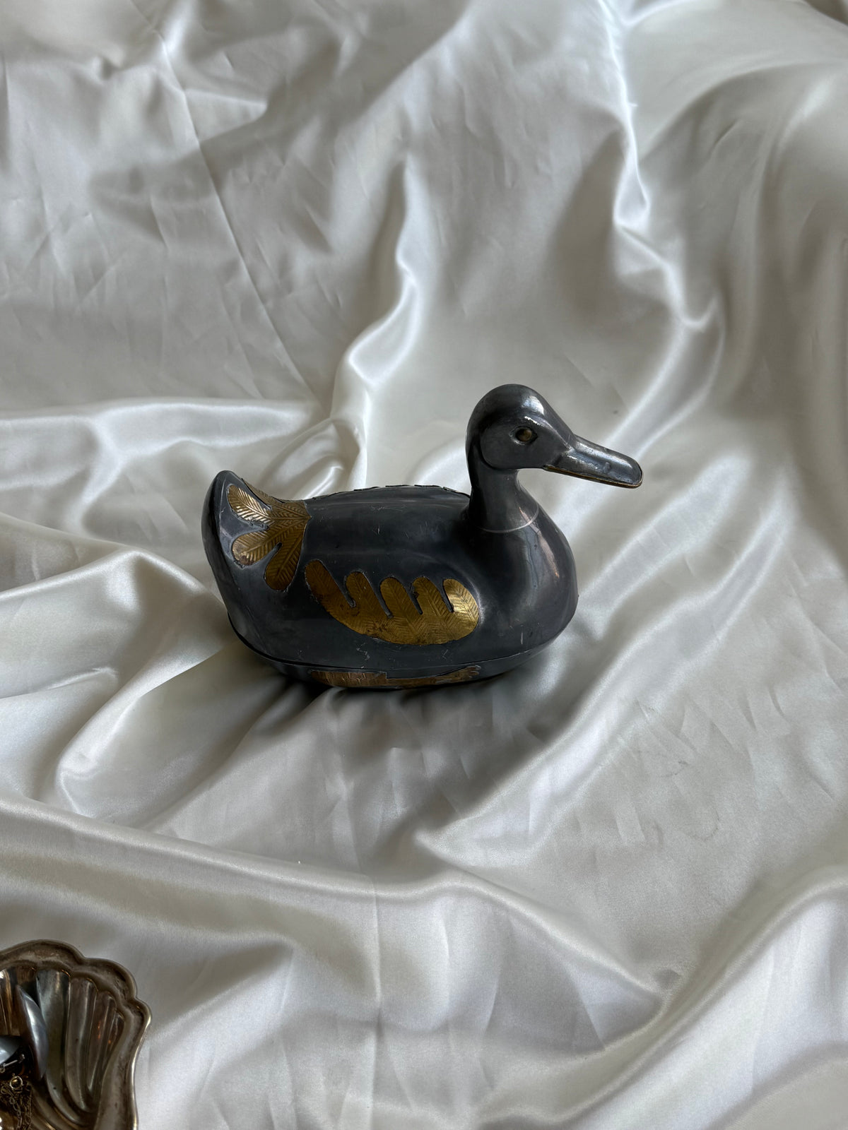 Vintage Pewter and Brass Duck-Shaped Trinket Box