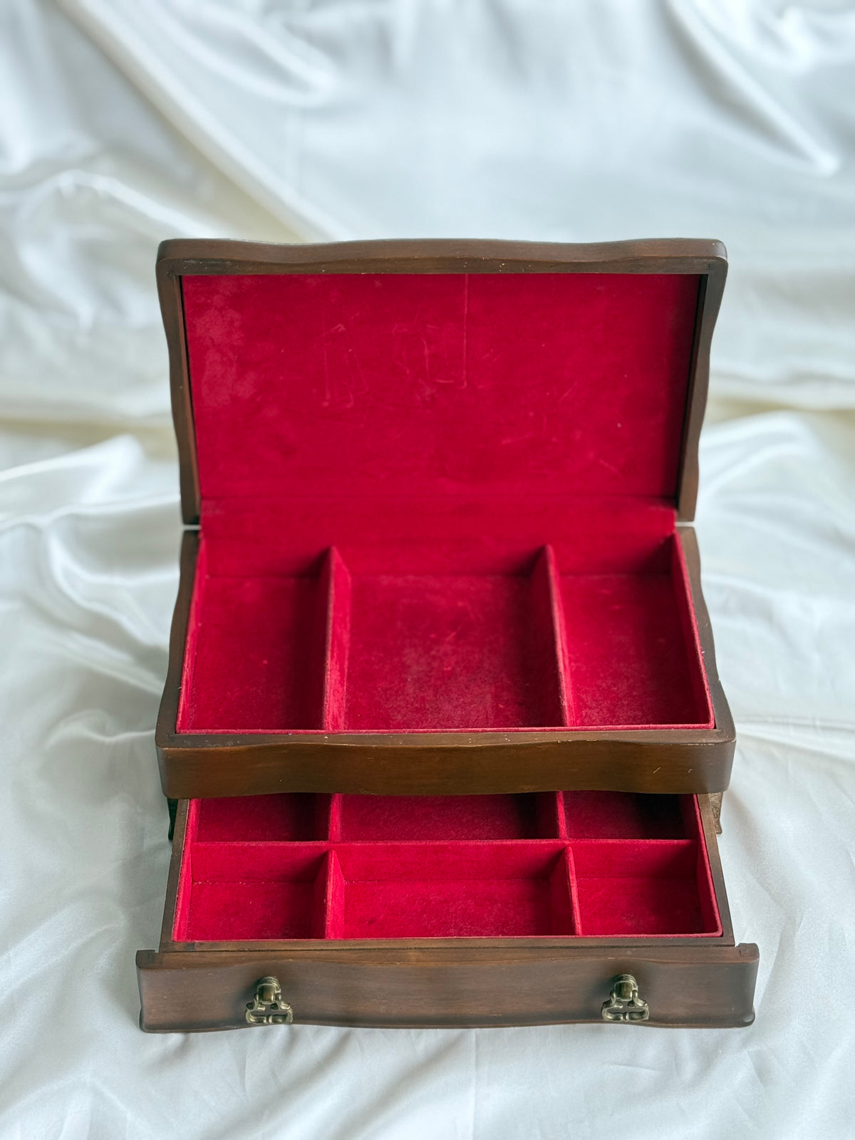 Vintage Wooden Jewelry Box with Red Velvet Interior