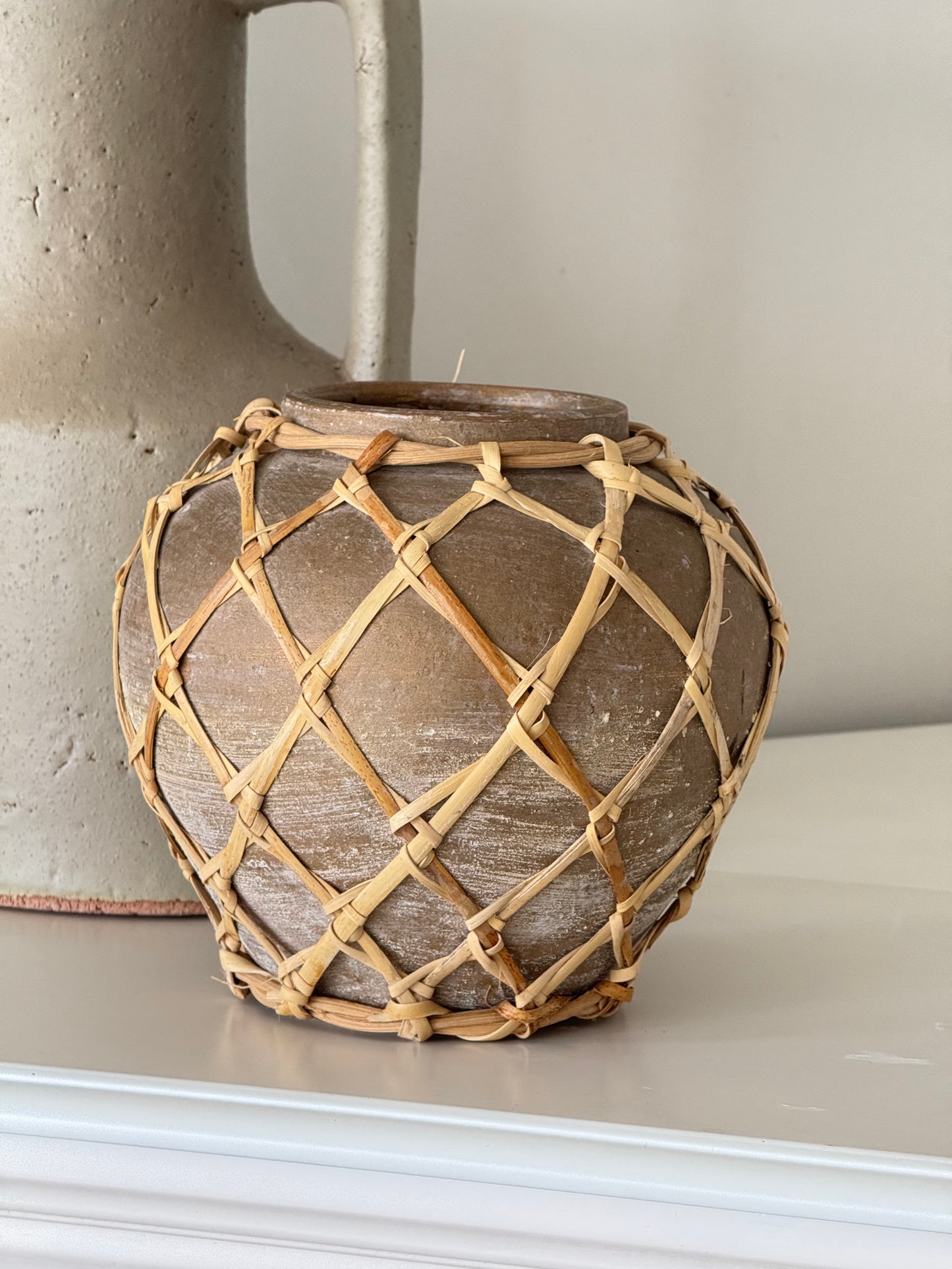 Hand-Woven Rattan Wrapped Terracotta Vase
