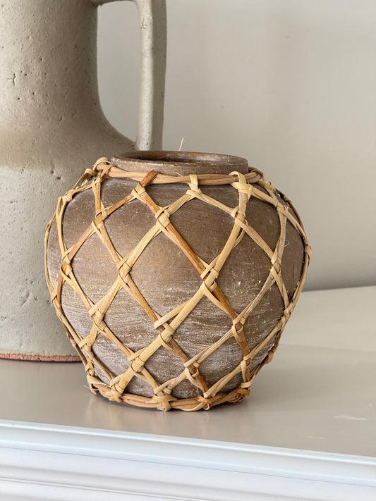 Hand-Woven Rattan Wrapped Terracotta Vase