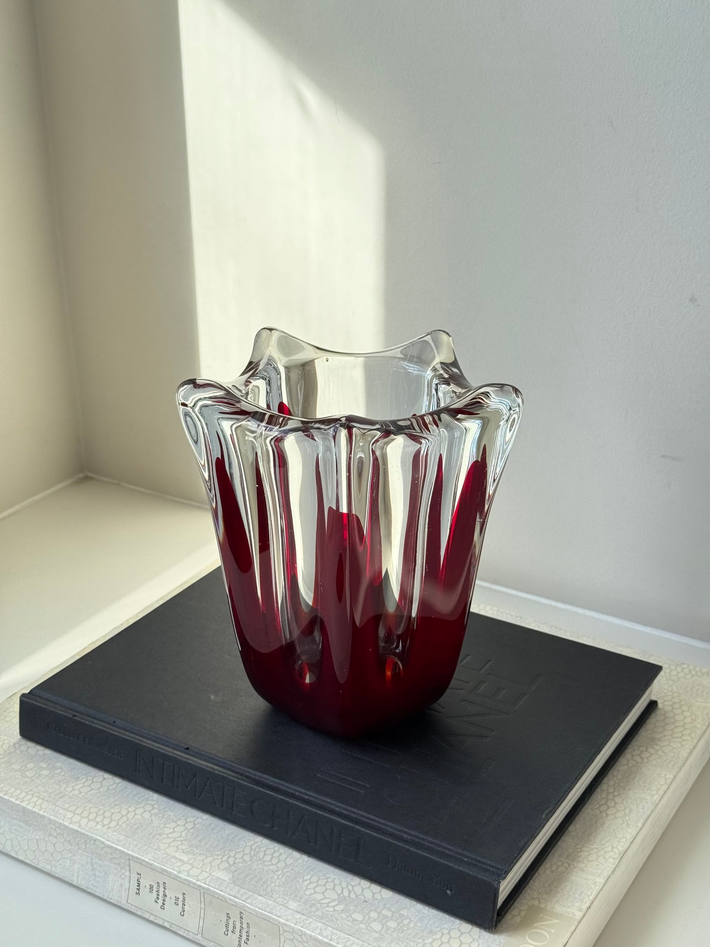 Vintage Murano Style Art Glass Vase – Red & Clear Sculptural Form