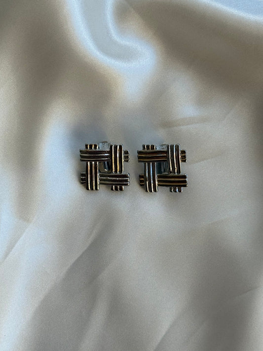 Vintage Silver-Tone Geometric Basket-Weave Clip-On Earrings
