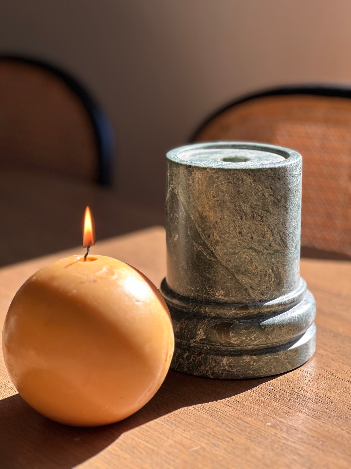 Green marble column candleholder