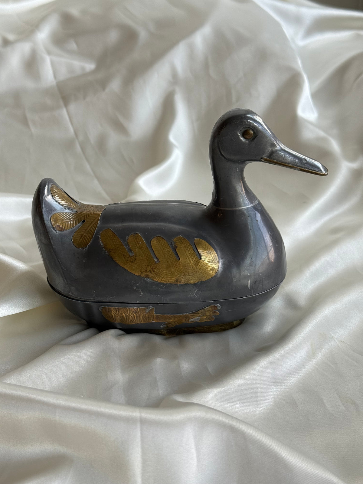 Vintage Pewter and Brass Duck-Shaped Trinket Box