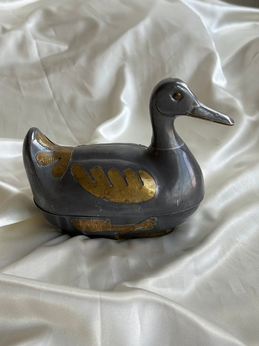 Vintage Pewter and Brass Duck-Shaped Trinket Box