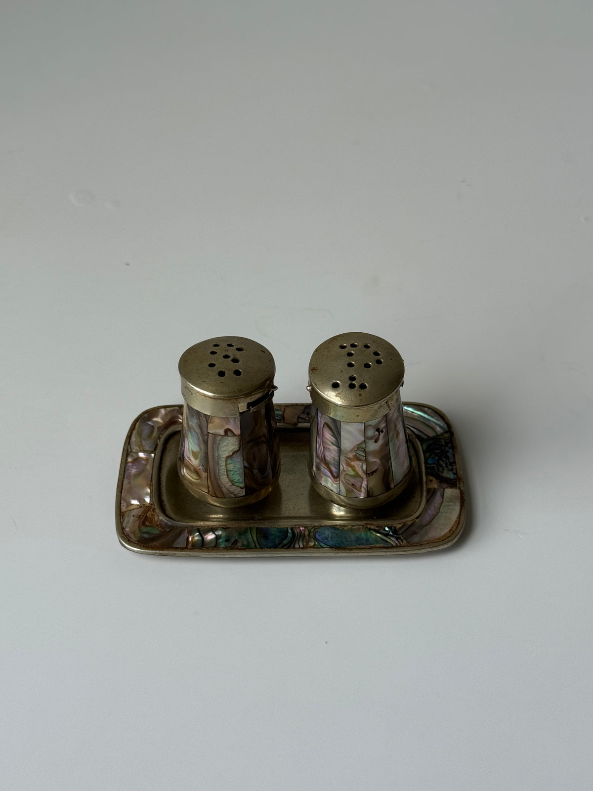 Vintage Abalone Shell Salt & Pepper Shakers with Matching Tray