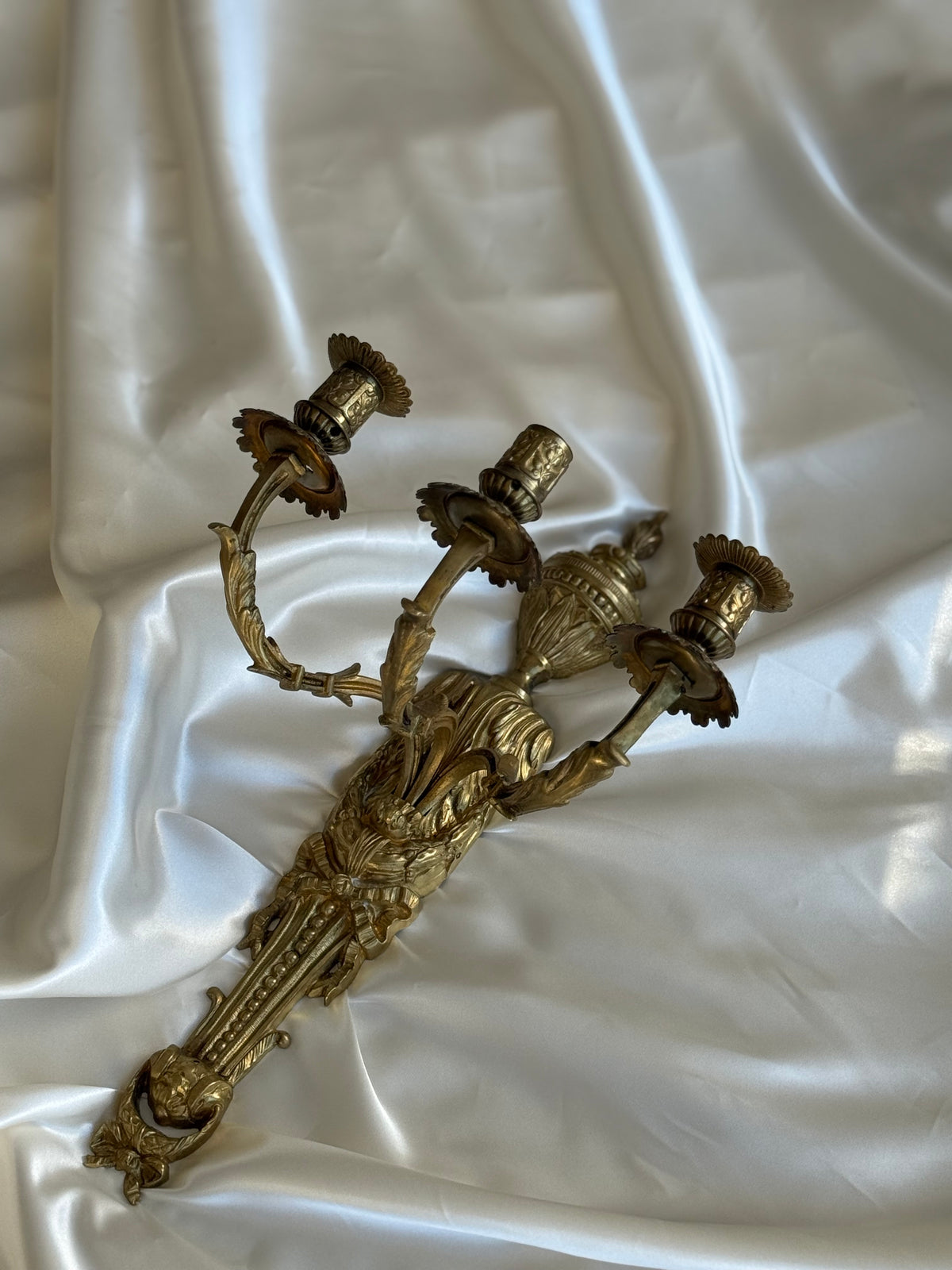Antique French Solid Brass Three-Arm Wall Sconce, Louis XVI Revival