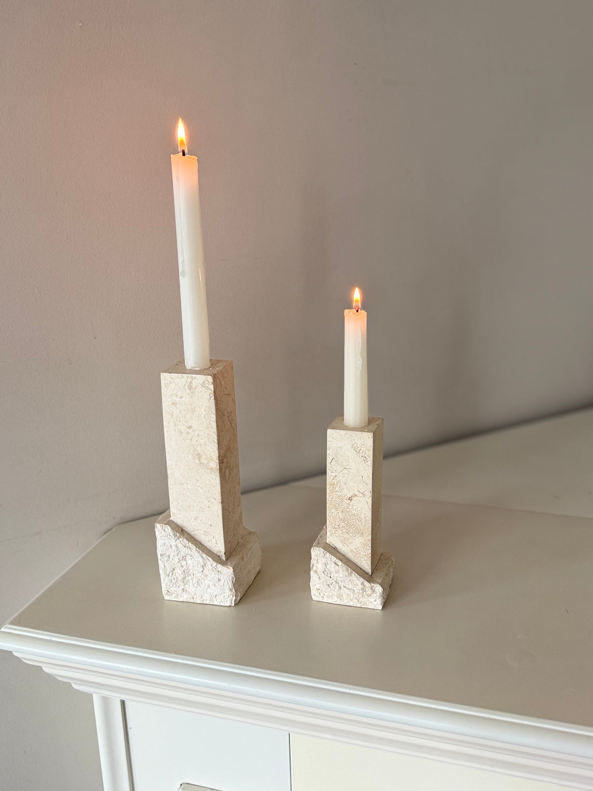 Vintage Renoir Designs Sculptural Travertine Candle Holders – Set of 2