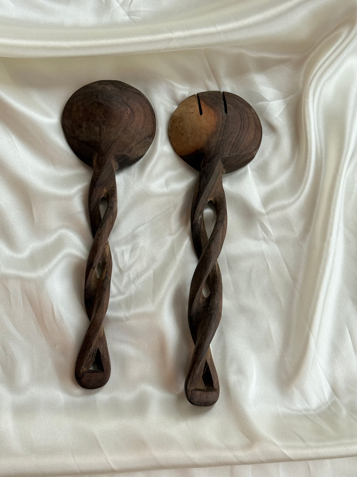 Vintage Hand-Carved Wooden Salad Servers – Sculptural Twisted Handles