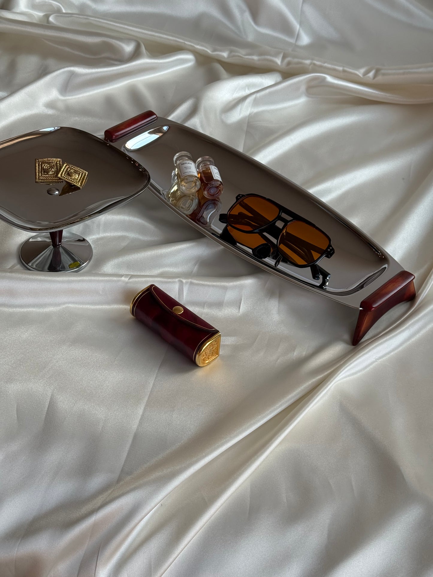 Vintage MCM-Style Chrome Serving Set with Tortoiseshell Accents