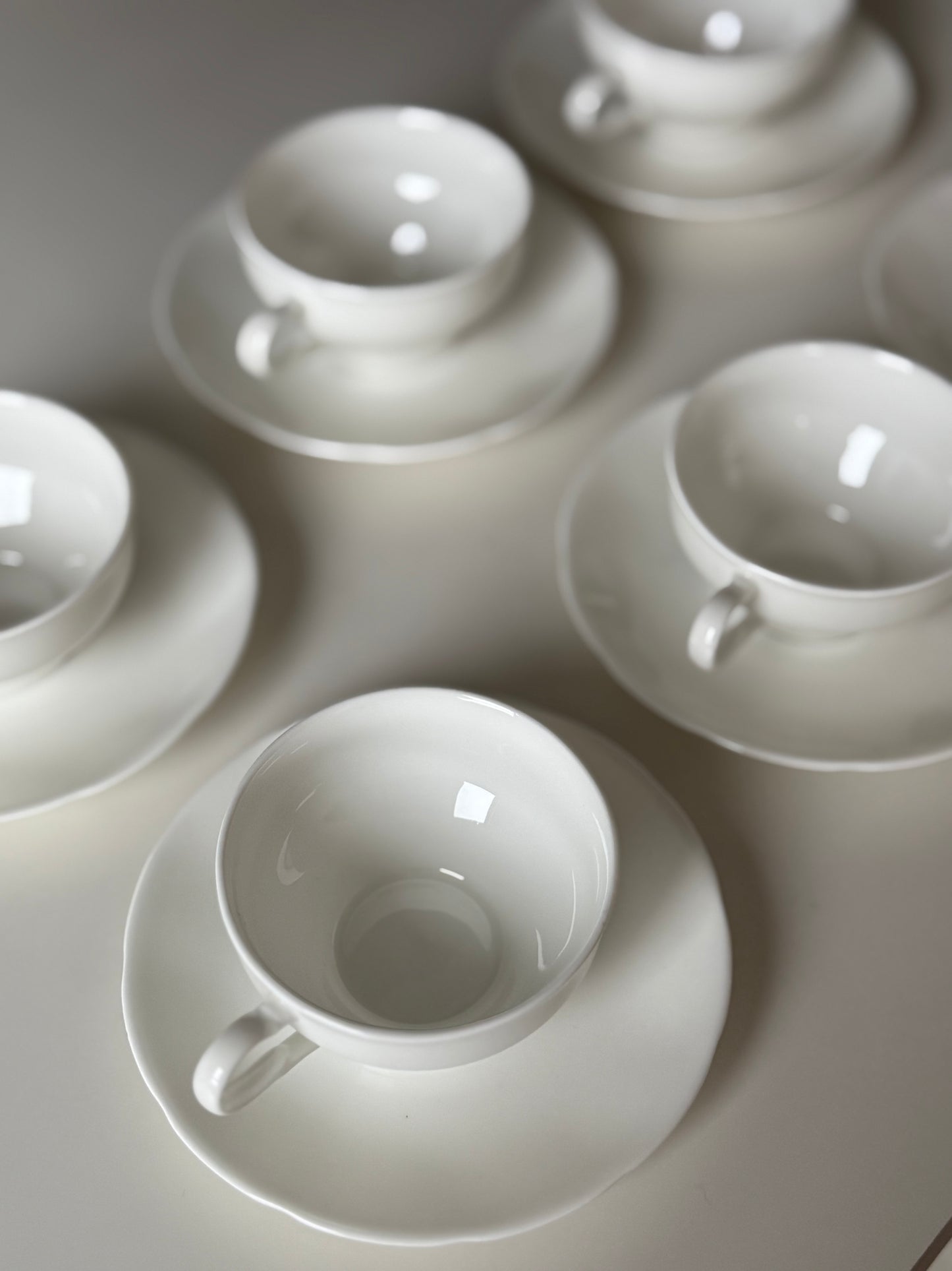 Set of 6 White Porcelain Cups & Saucers