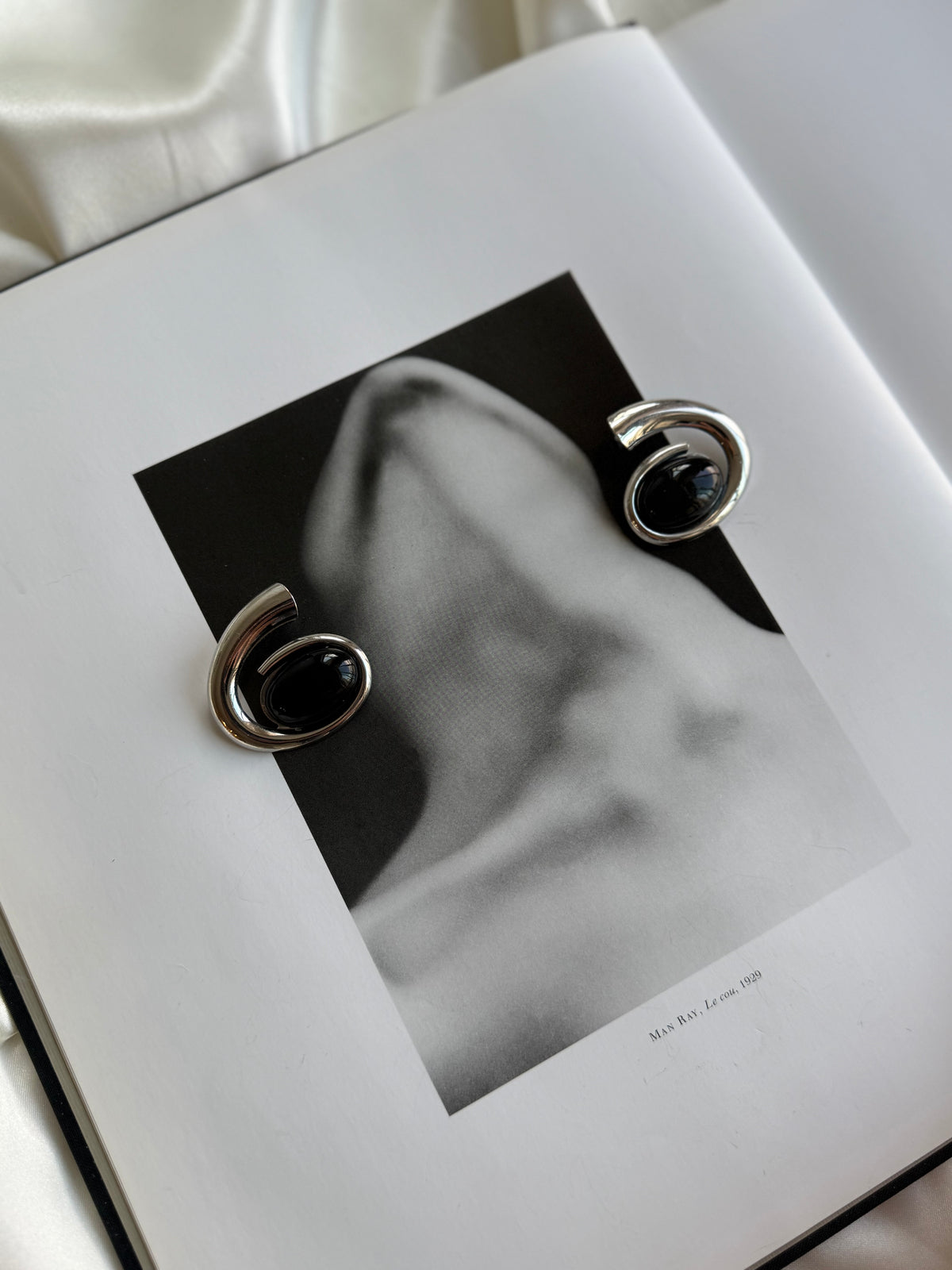 Vintage Silver Tone Spiral Earrings with Black Cabochon Accents
