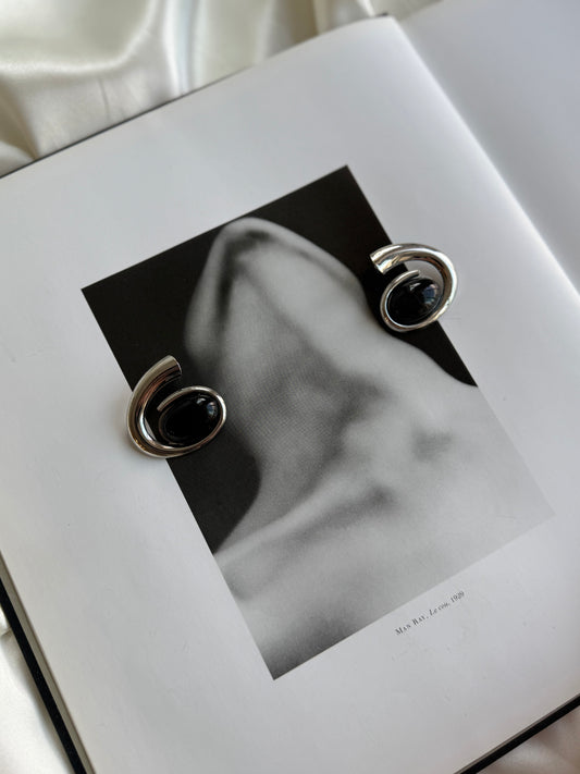 Vintage Silver Tone Spiral Earrings with Black Cabochon Accents