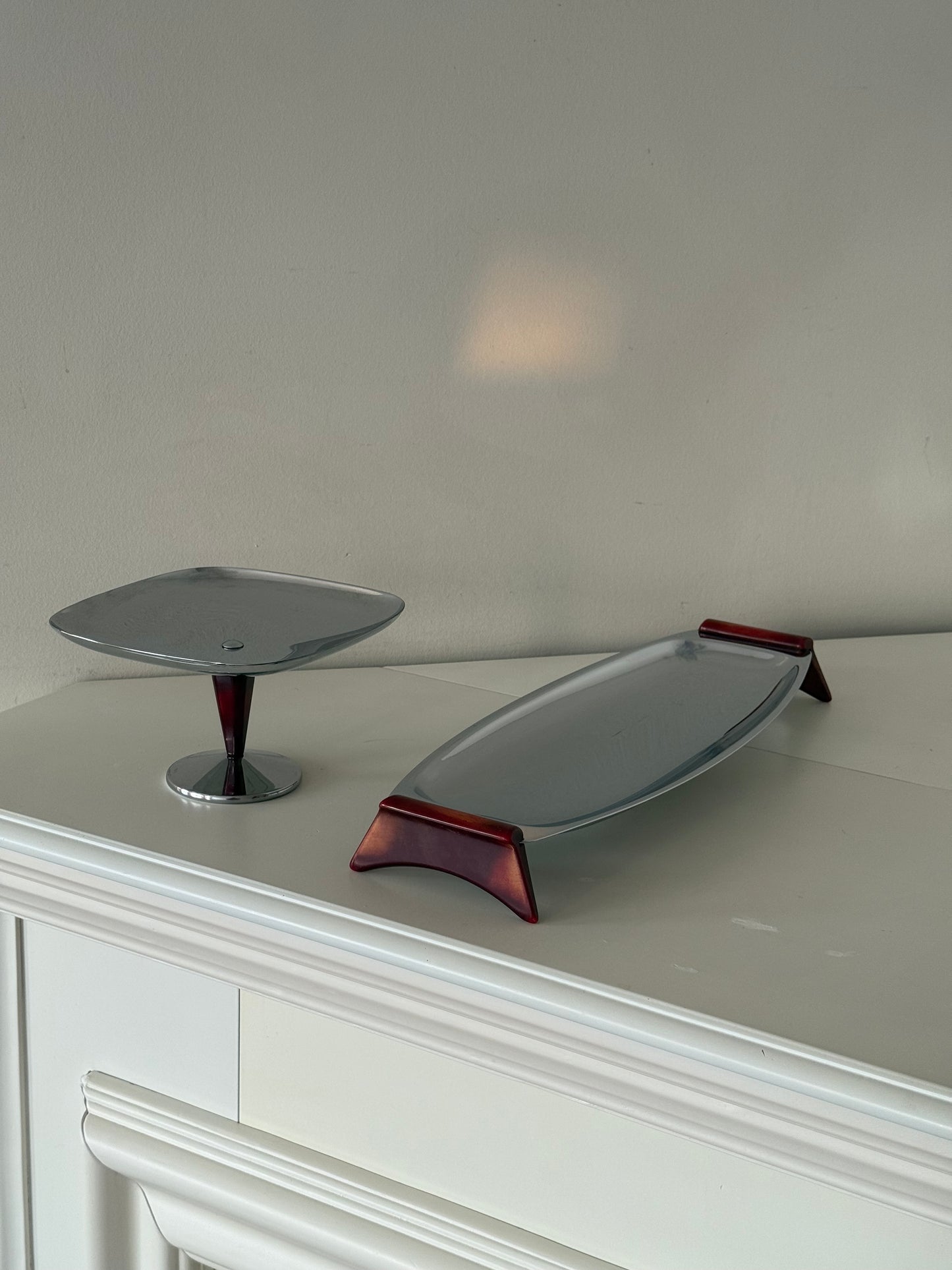 Vintage MCM-Style Chrome Serving Set with Tortoiseshell Accents