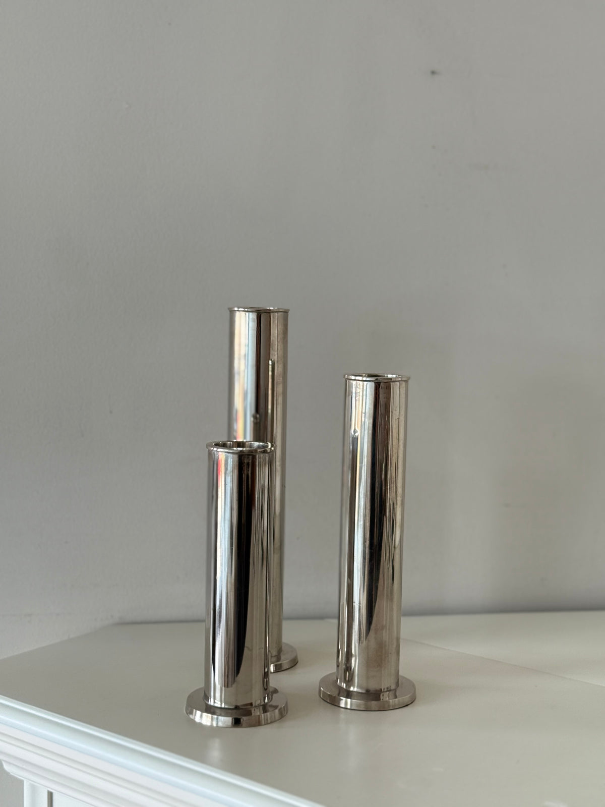 Vintage Chrome Modernist Candle Holders – Set of 3