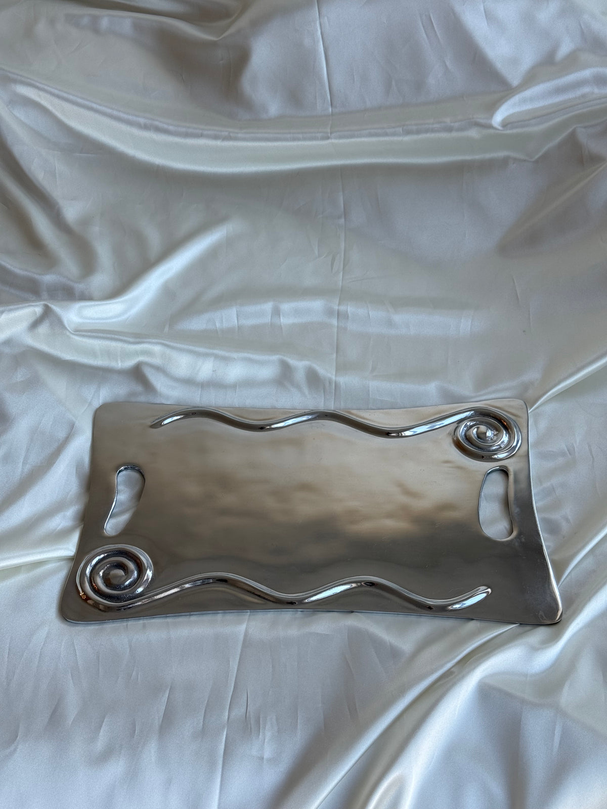 Vintage Sculptural Pewter Serving Tray – Modernist Wave & Spiral Design