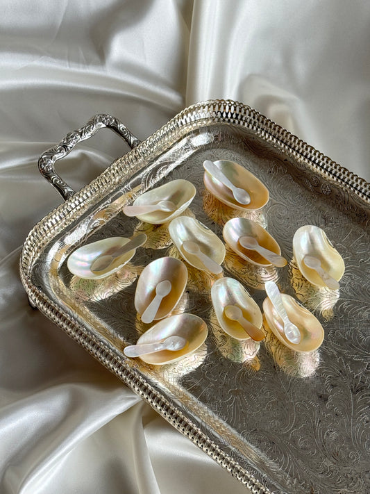 Vintage Mother of Pearl Caviar Serving Dishes – Set of 10 with Mini Spoons