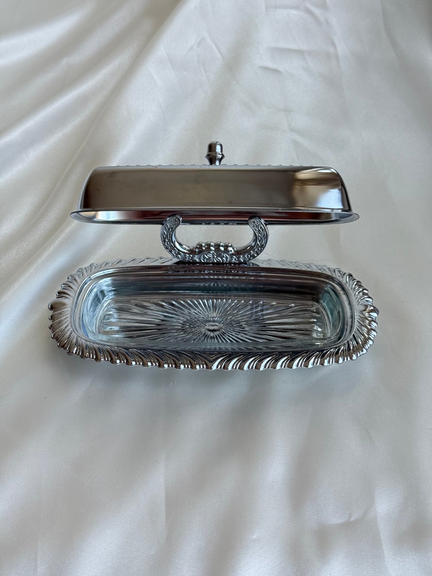 Vintage Irvinware Chrome-Plated Covered Butter Dish with Original Glass Insert