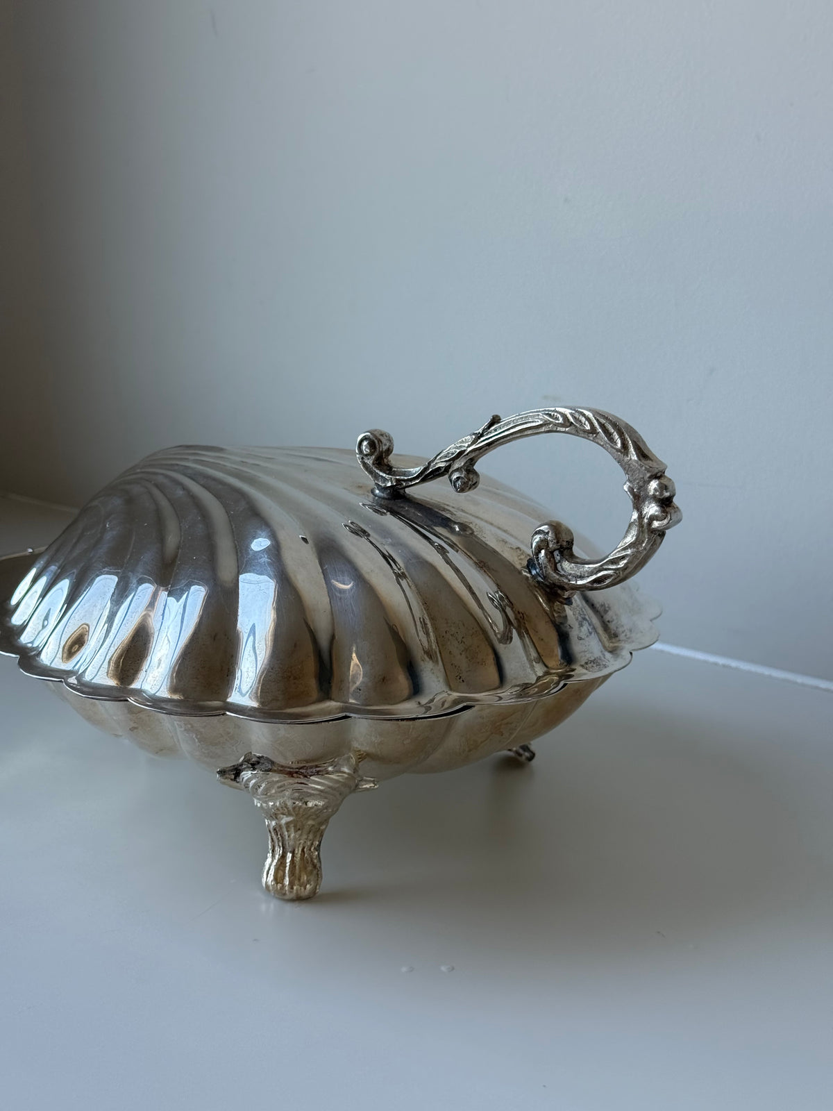 Large Silver-Plated Shell Serving Dish with Lid