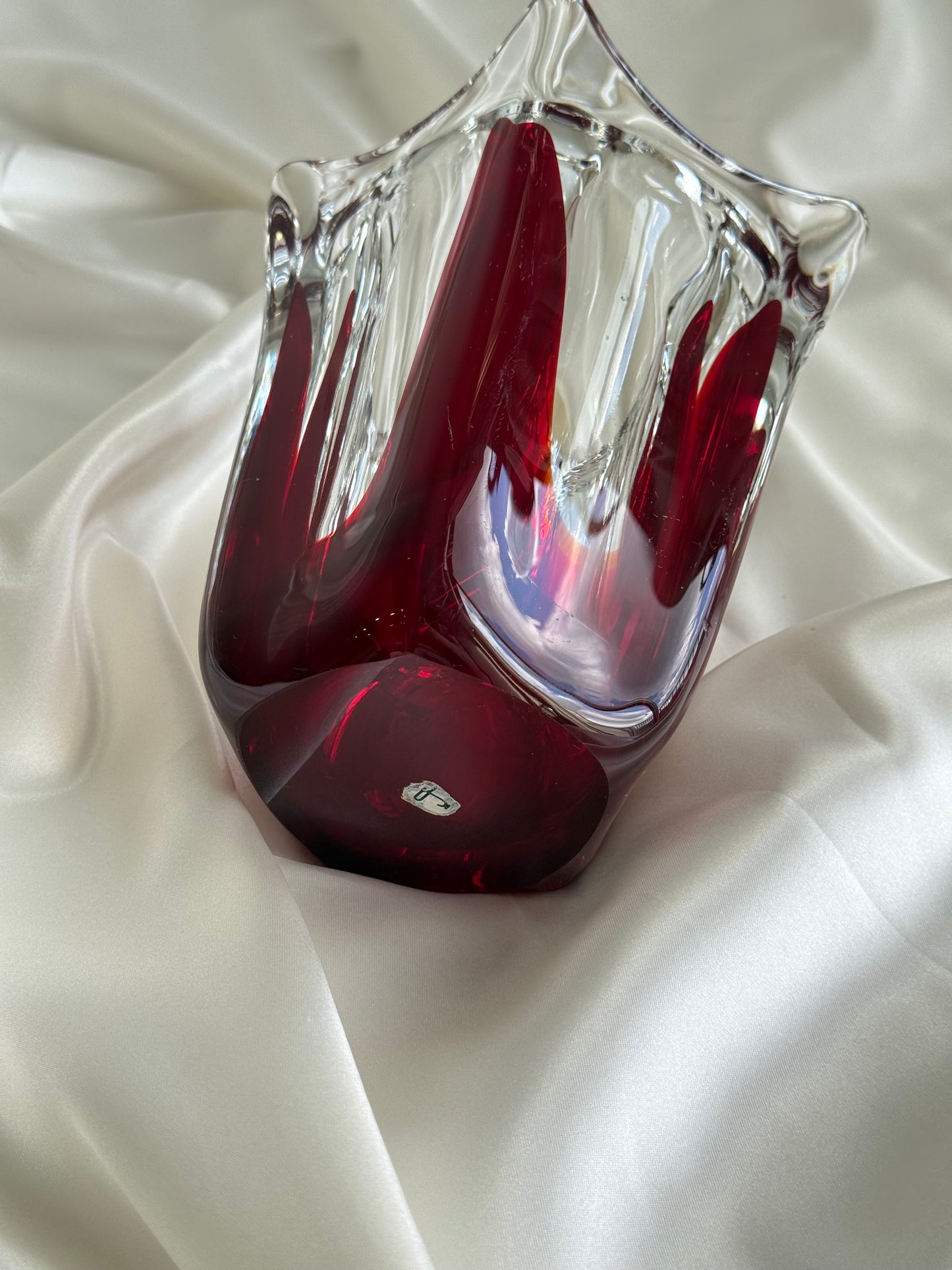 Vintage Murano Style Art Glass Vase – Red & Clear Sculptural Form