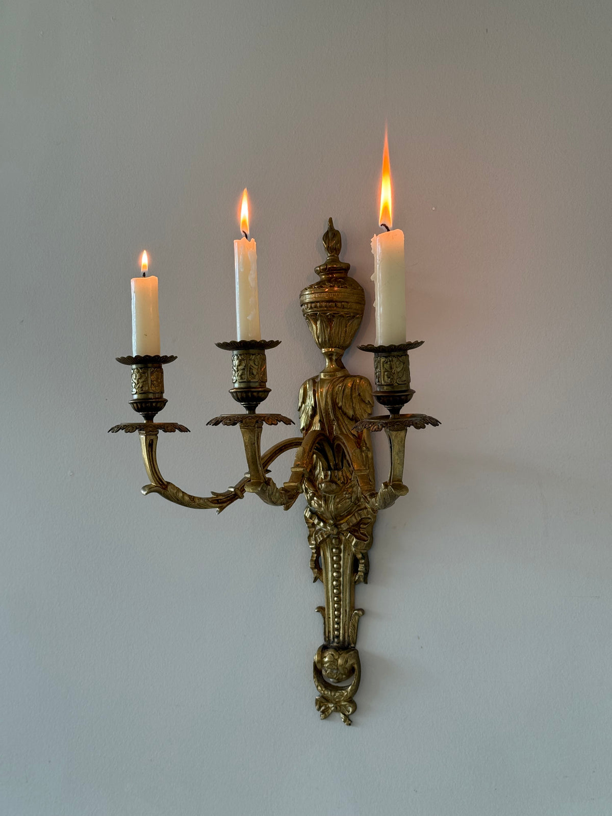 Antique French Solid Brass Three-Arm Wall Sconce, Louis XVI Revival