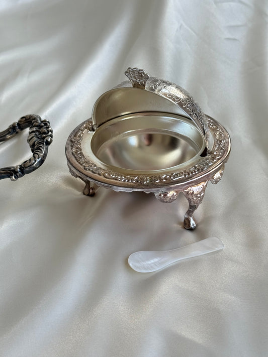 Vintage English Silver Plated Caviar Server with Mother of Pearl Spoon