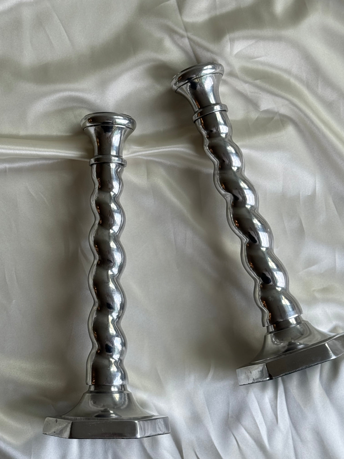 Pair of Vintage Postmodern Silver-Tone Barley Twist Candlesticks