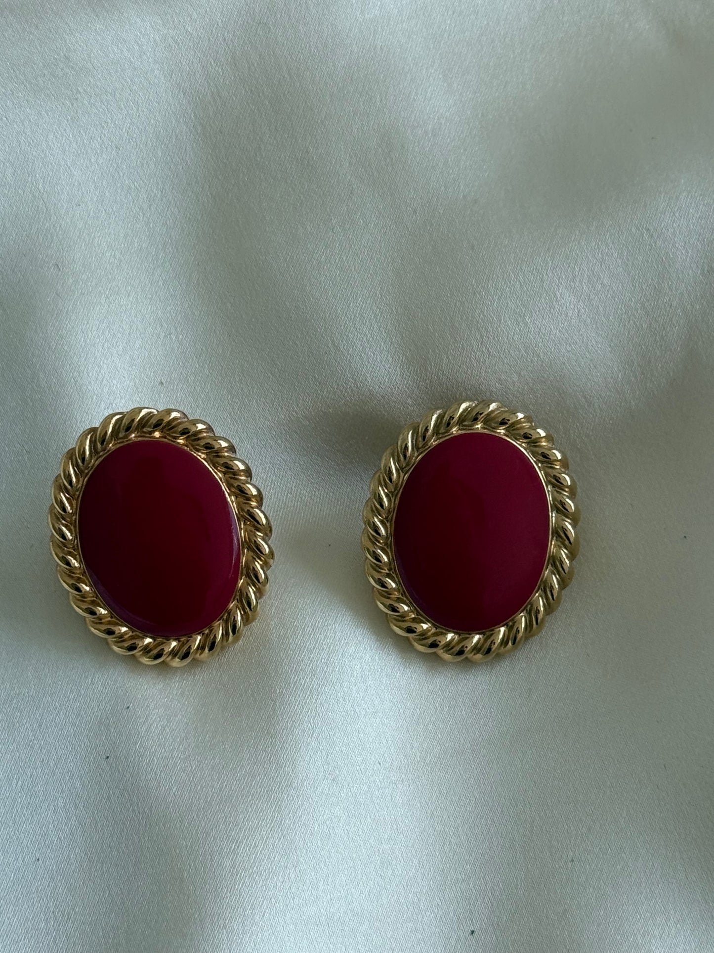 Vintage Gold Tone Oval Earrings with Burgundy Enamel