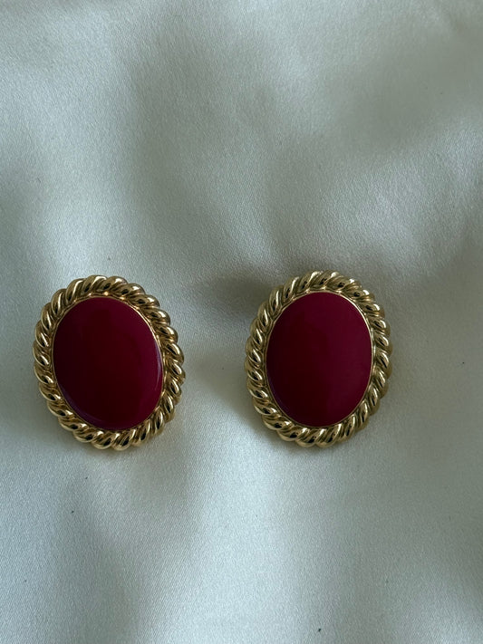 Vintage Gold Tone Oval Earrings with Burgundy Enamel