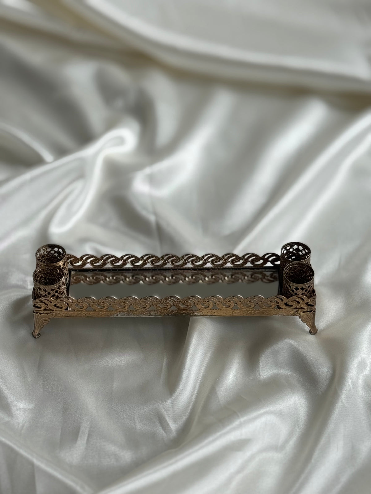 Vintage Ornate Gold-Tone Mirrored Vanity Tray with Filigree Lipstick Holders