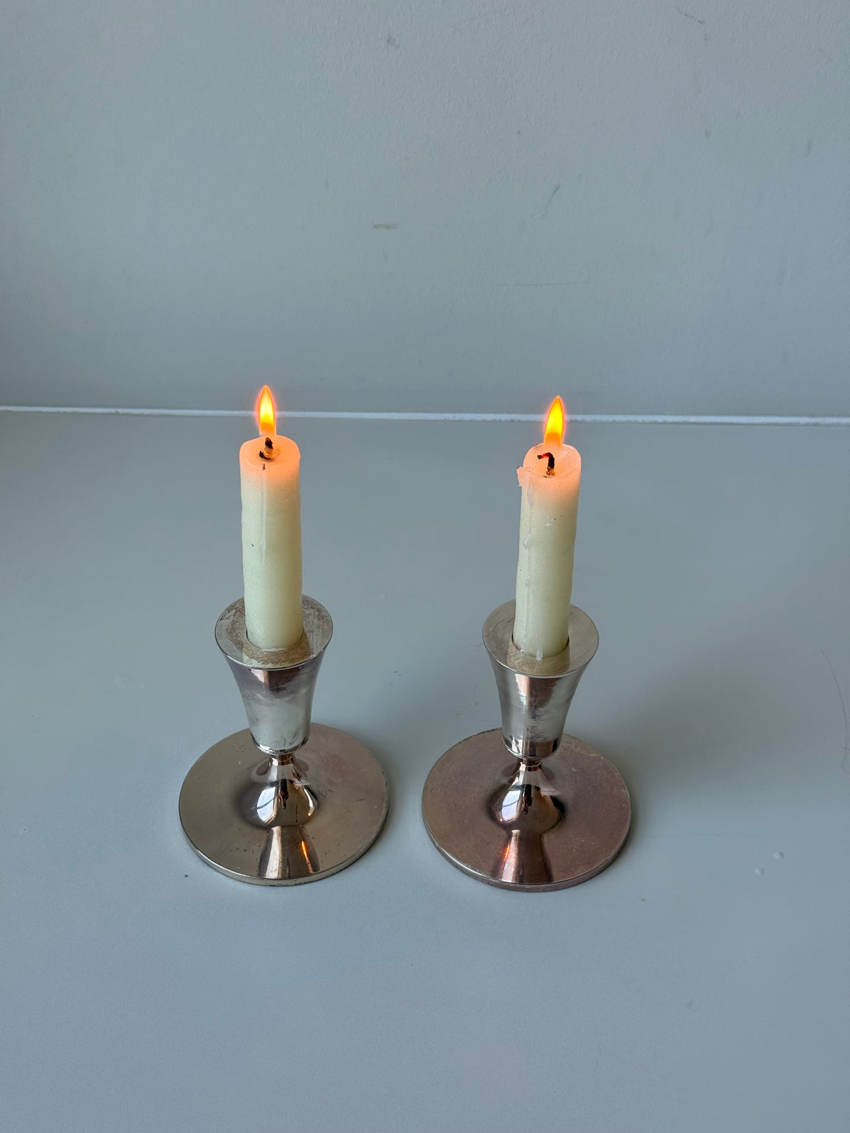 Vintage Silver-Plated Modernist Candlesticks — Pair