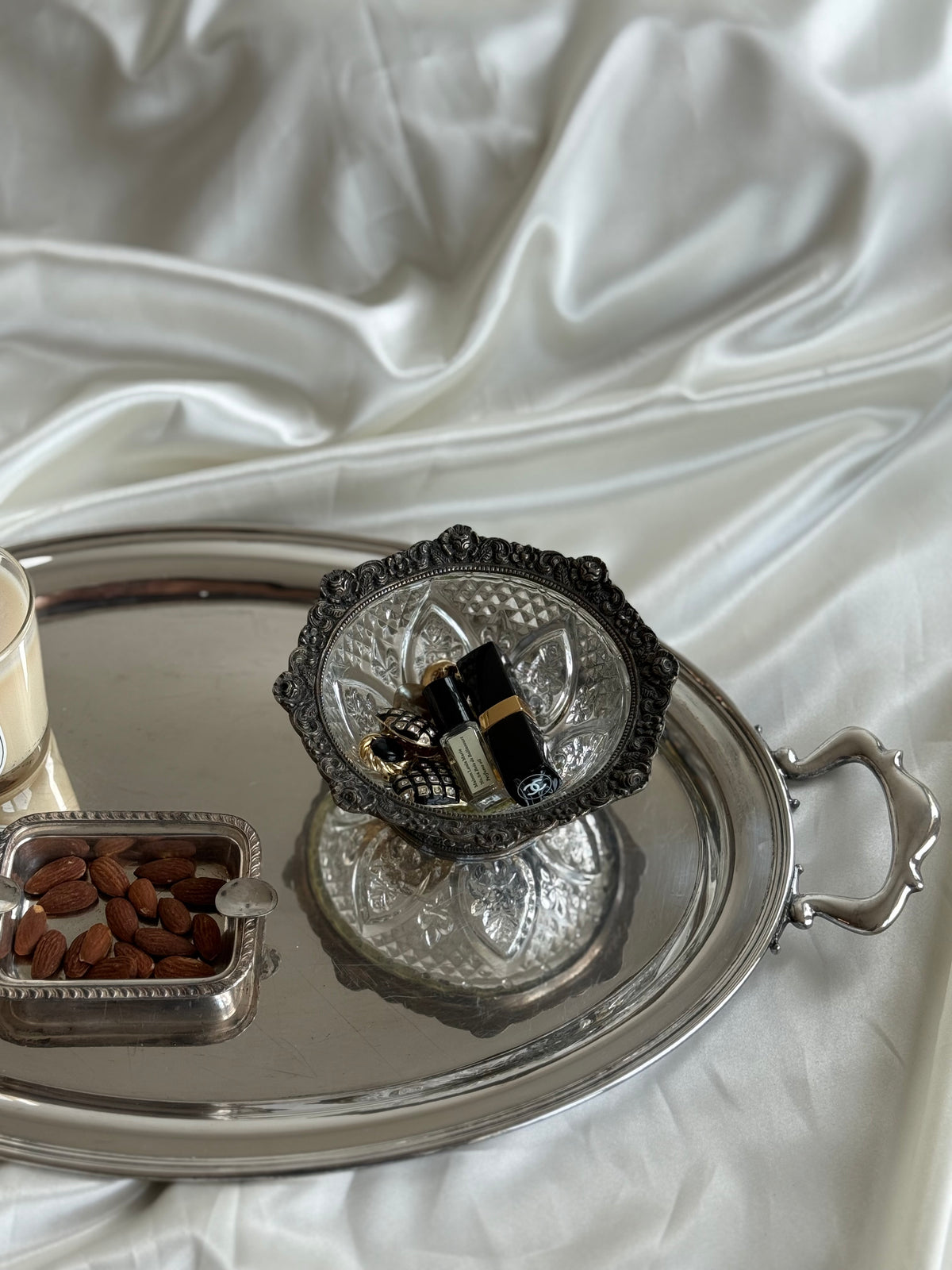Vintage Pressed Glass Bowl with Ornate Silver-Tone Metal Rim