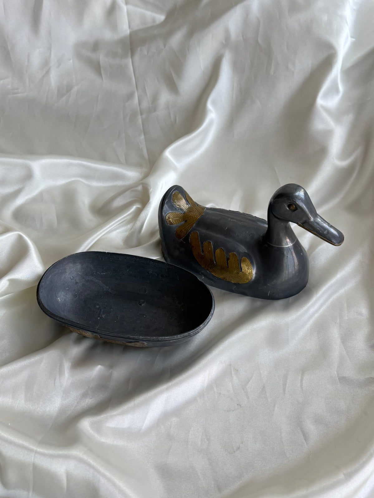 Vintage Pewter and Brass Duck-Shaped Trinket Box
