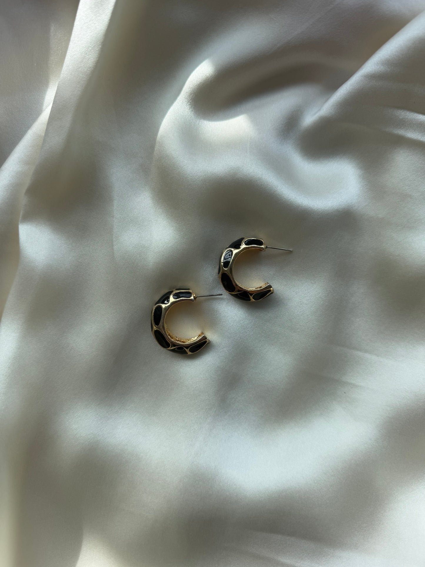 Vintage Gold-Tone Hoop Earrings with Black Enamel Detail