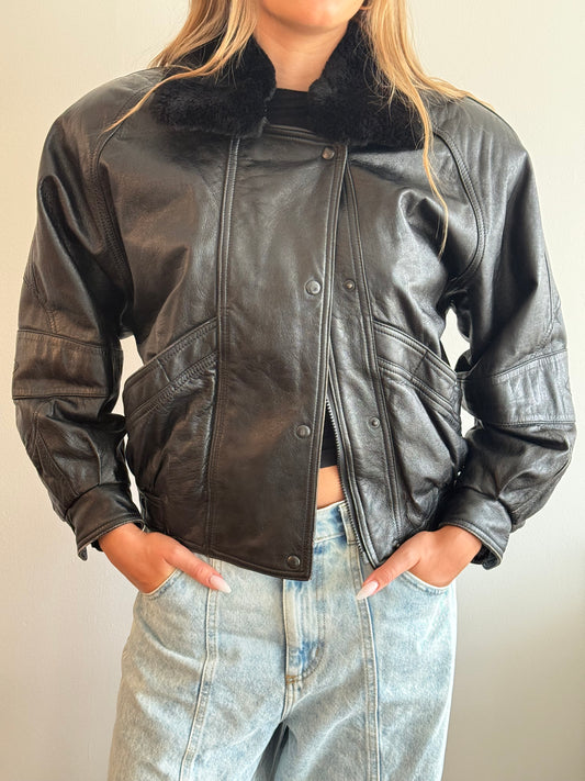 Vintage Black Leather Bomber Jacket with fur collar